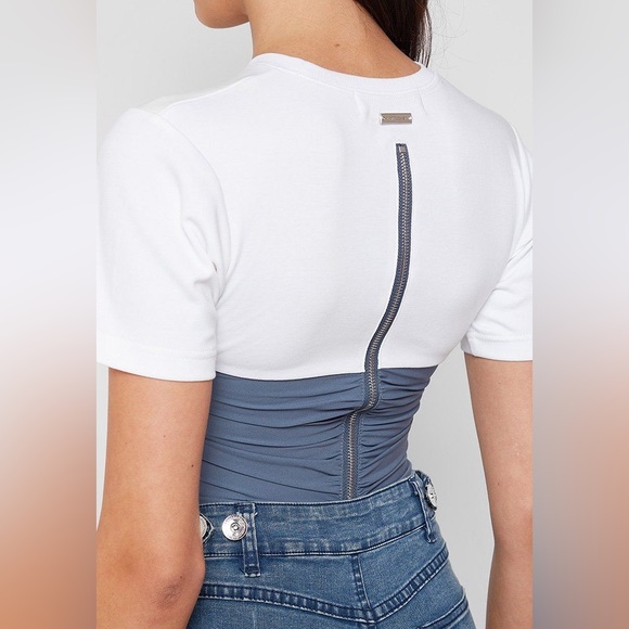 Blue and White Contrast Ruched Corset Style Top - Picture 2 of 3